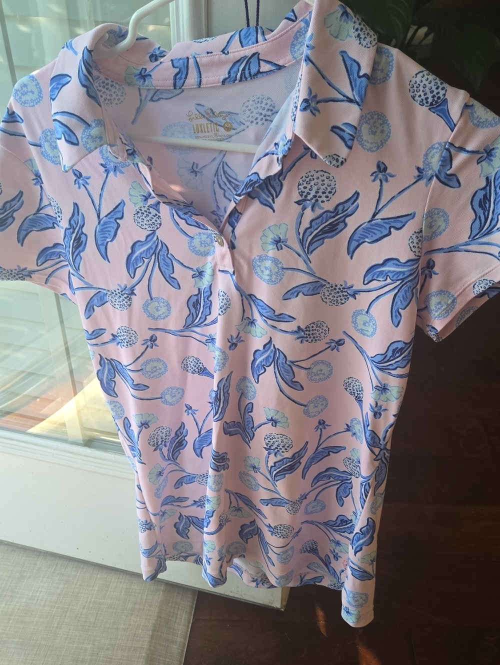 Lilly Pulitzer Pink Polo Button-Down with Blue Floral Print